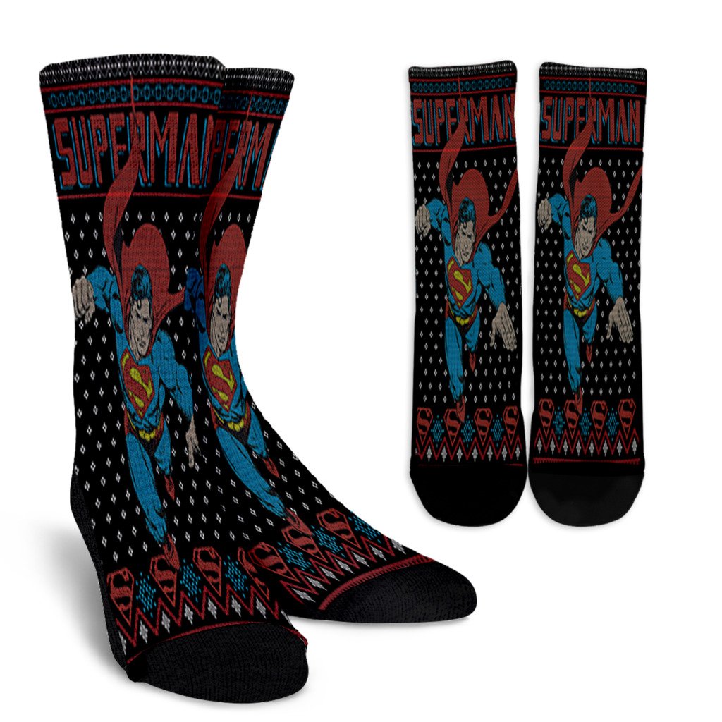 Dc Comics Superman In Flight Ugly Christmas Sweater Style Noel Socks Perfect Christmas Gift