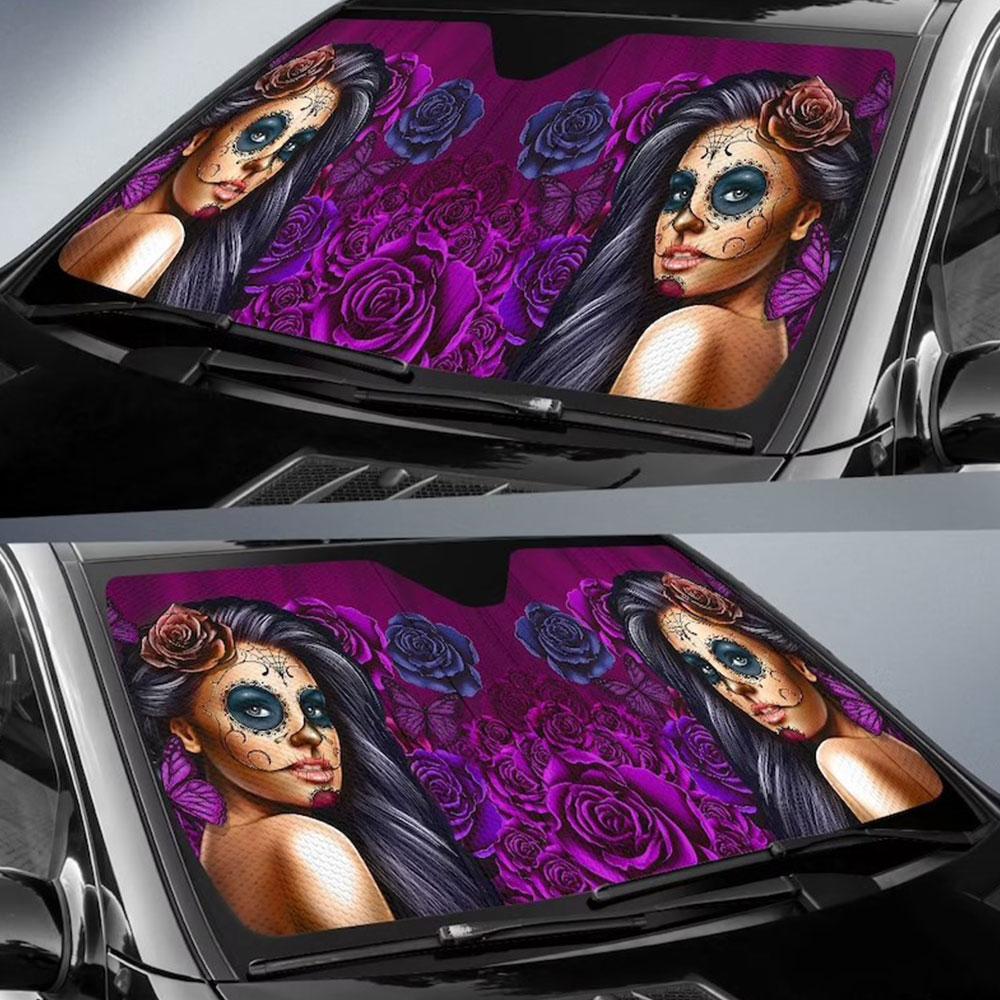 Calavera Girl Purple Car Auto Sun Shades Windshield Accessories Decor Gift