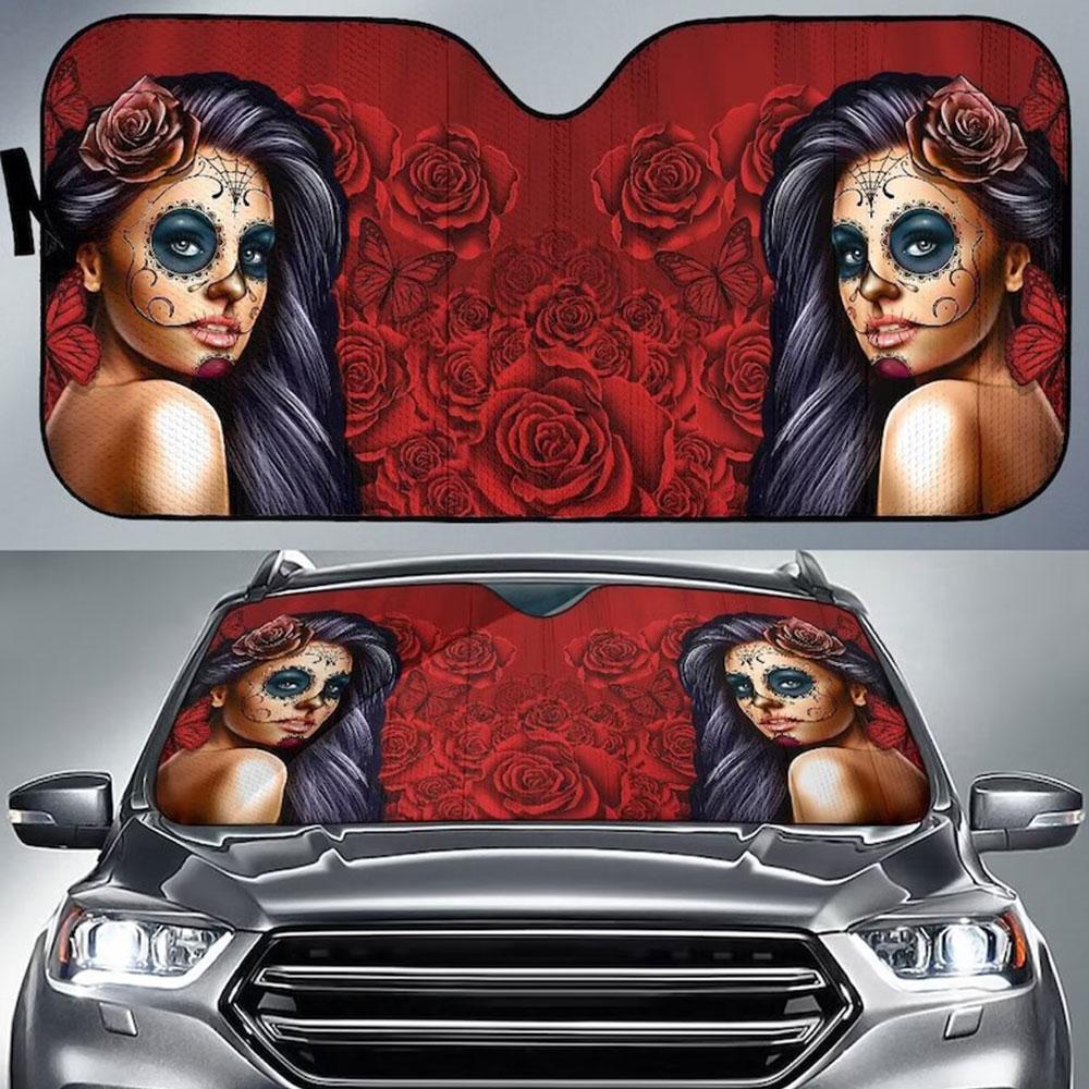 Calavera Girl Red Car Auto Sun Shades Windshield Accessories Decor Gift