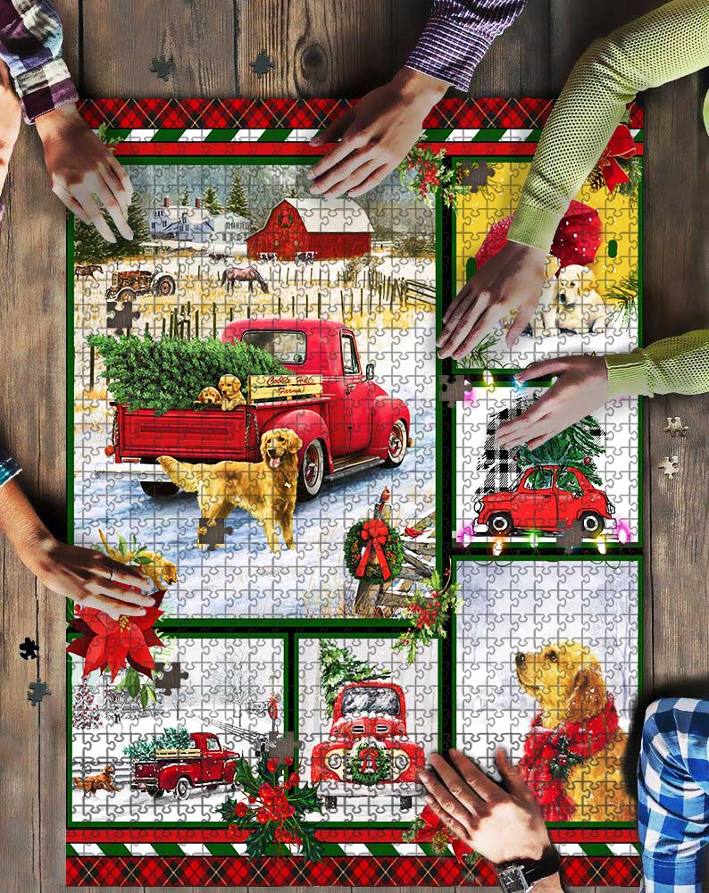 Golden Retriever Red Truck Christmas Puzzle