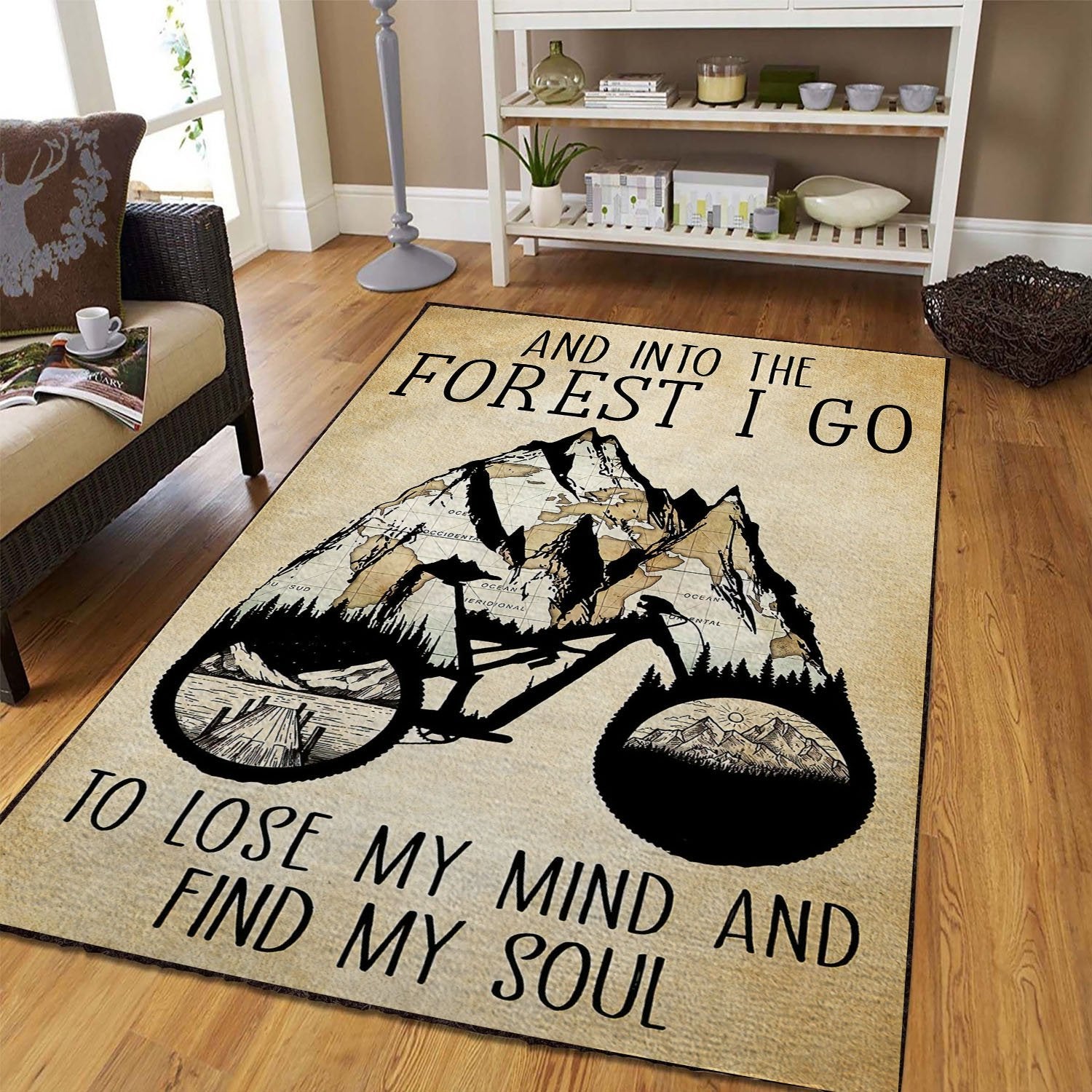 And Into The Forest I Go To Lose My Mind And Find My Soul Riding Bike Area Rug Floor Home Room Decor