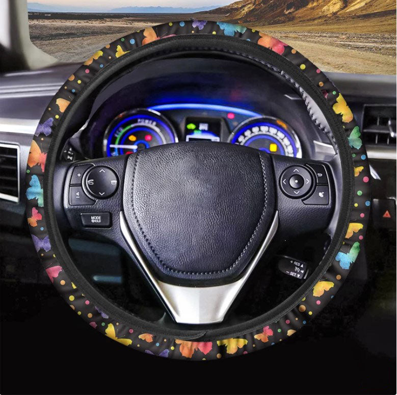 Colorful Watercolor Butterfly Print Car Steering Wheel Cover