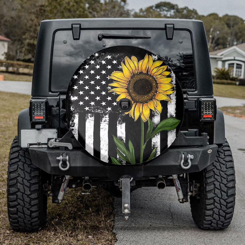 American Flag Sunflower Holidays Car Spare Tire Cover Gift For Campers