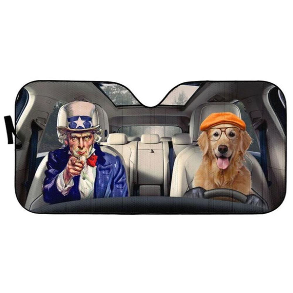 Uncle Sam And Golden Retriever Custom Car Auto Sun Shades Windshield Accessories Decor Gift