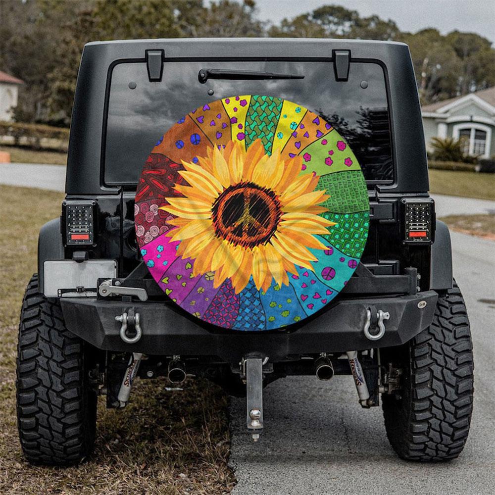 Sunflower Peace Sign, Vintage Hippie Art Car Spare Tire Cover Gift For Campers