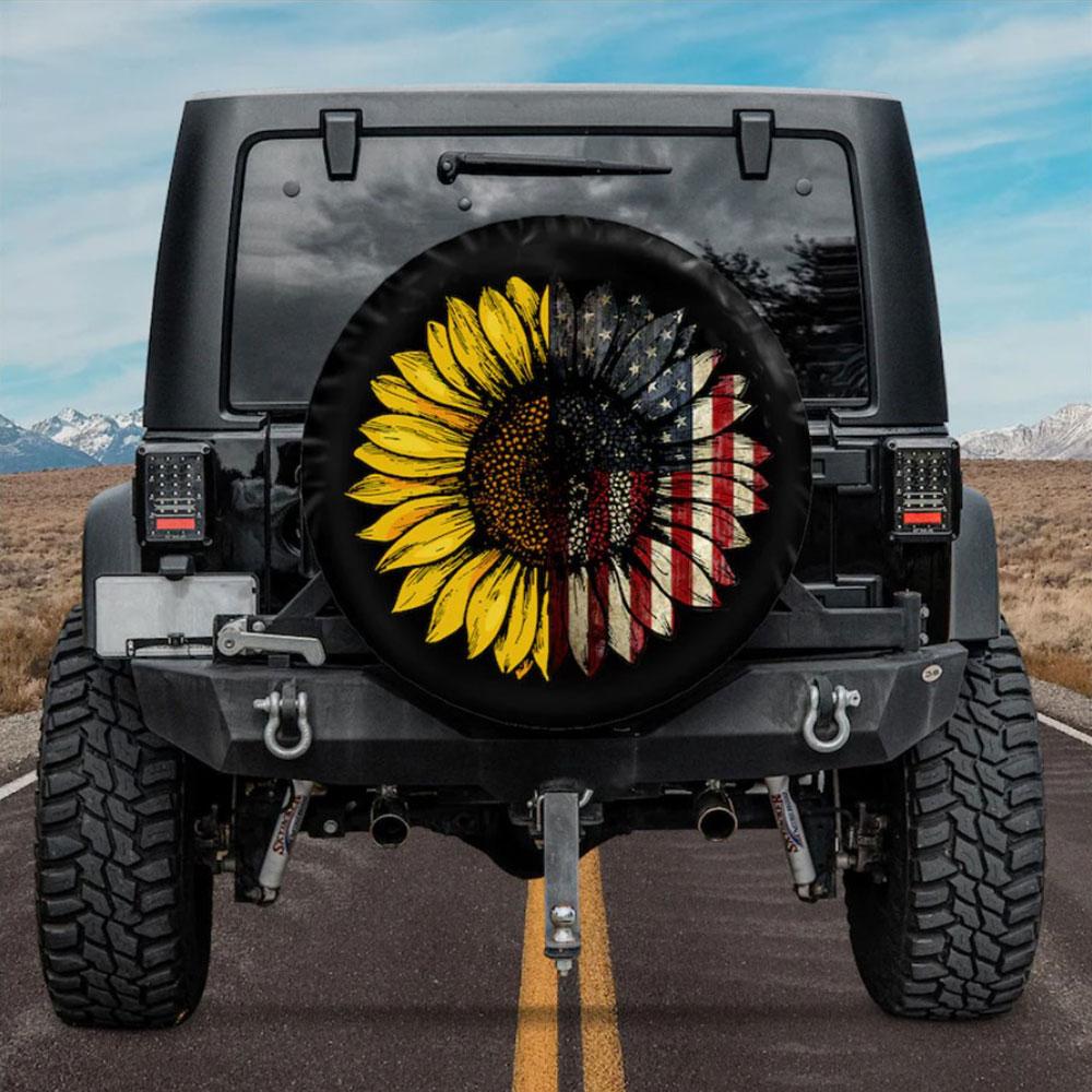 American Flag With Art Sunflower Car Spare Tire Cover Gift For Campers