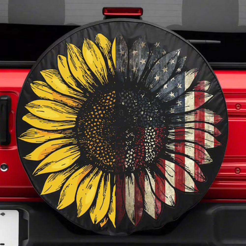 American Flag With Art Sunflower Car Spare Tire Cover Gift For Campers
