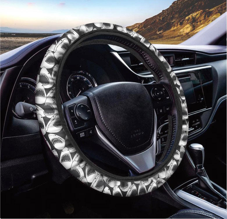 White And Grey Shark Pattern Print Car Steering Wheel Cover