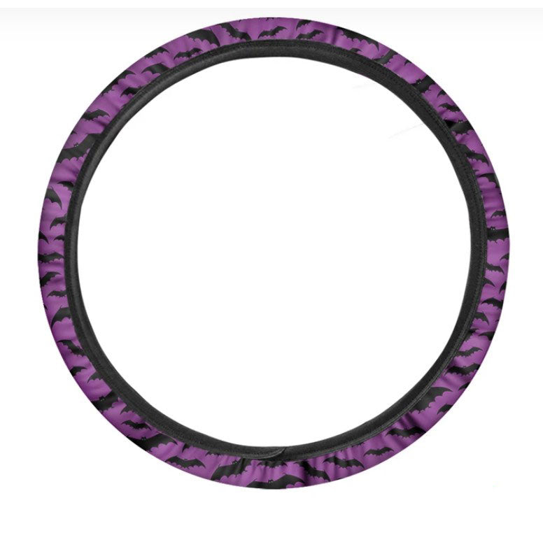 Purple And Black Halloween Bat Print Car Steering Wheel Cover