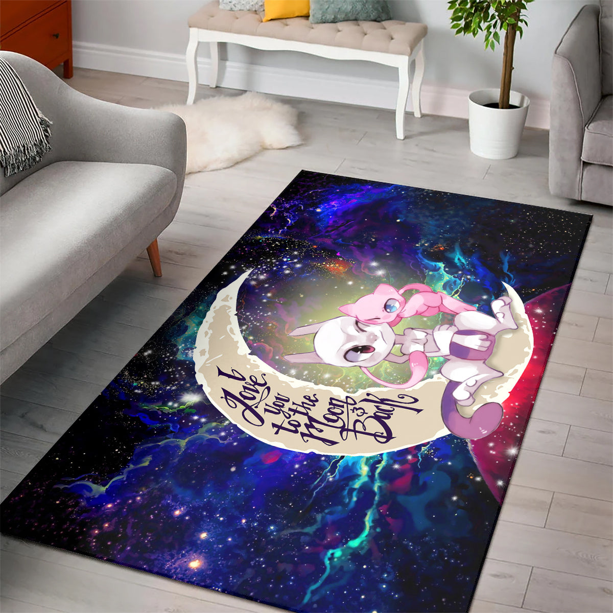 Pokemon Couple Mew Mewtwo Love You To The Moon Galaxy Carpet Rug Home Room Decor
