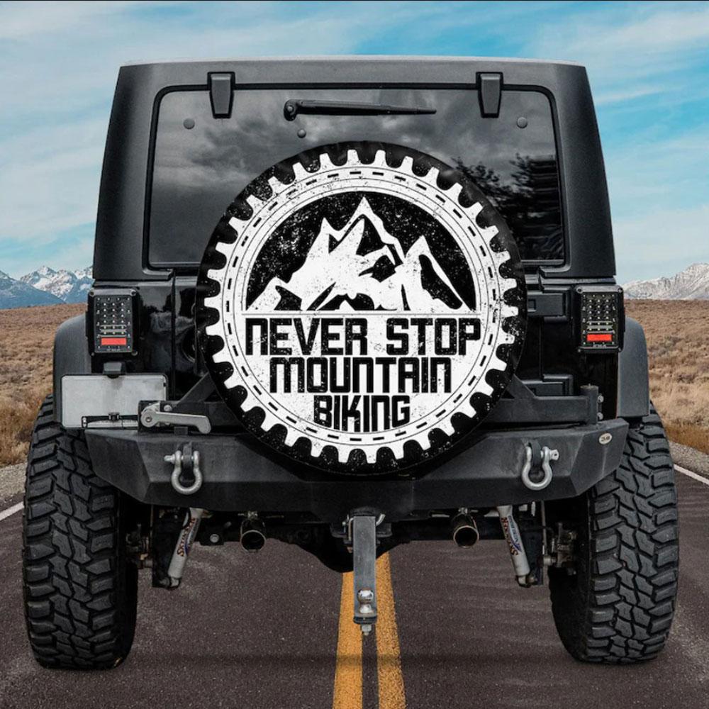 Never Stop Moutain Biking American Day Car Spare Tire Cover Gift For Campers