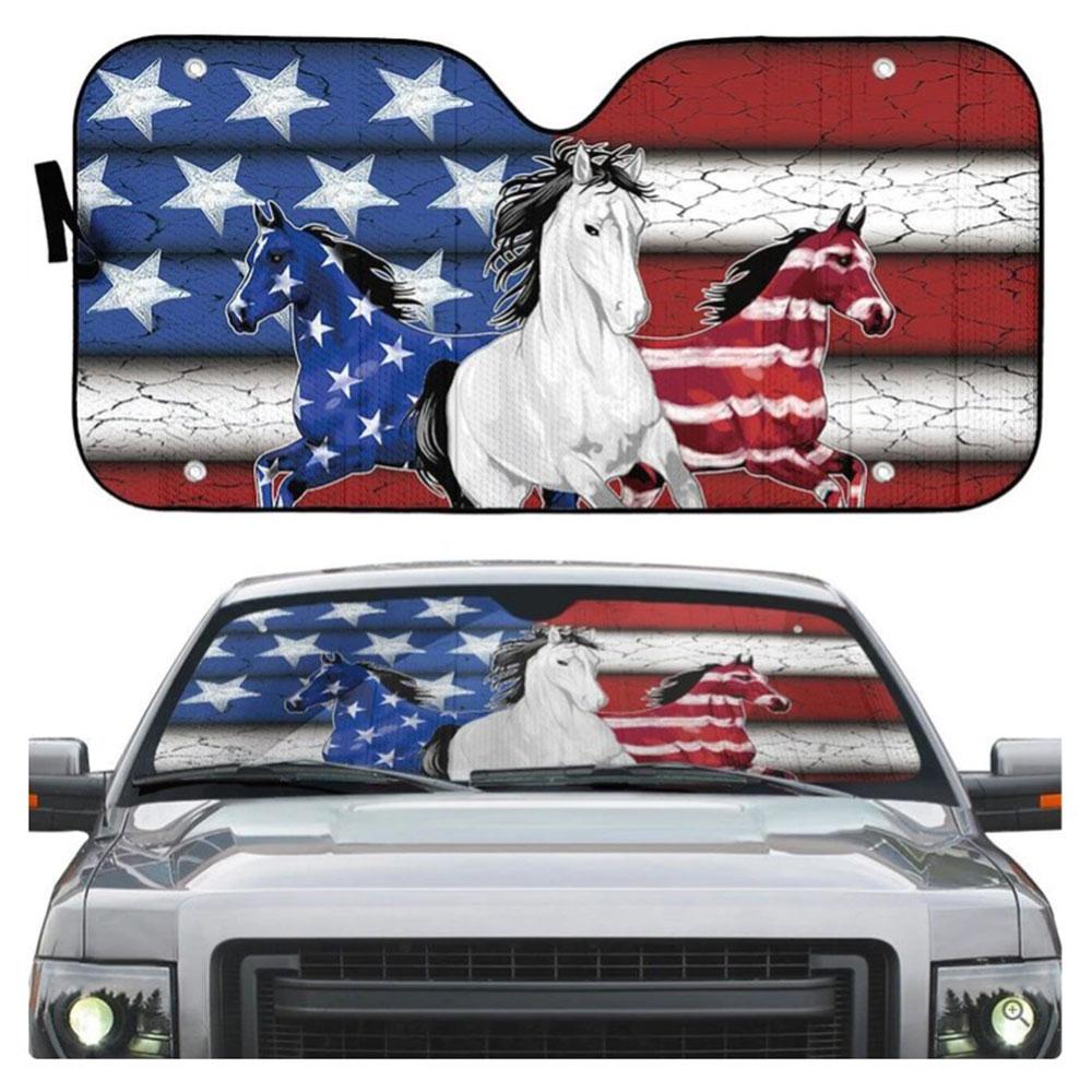 Three Horses American Flag Custom Car Auto Sun Shades Windshield Accessories Decor Gift