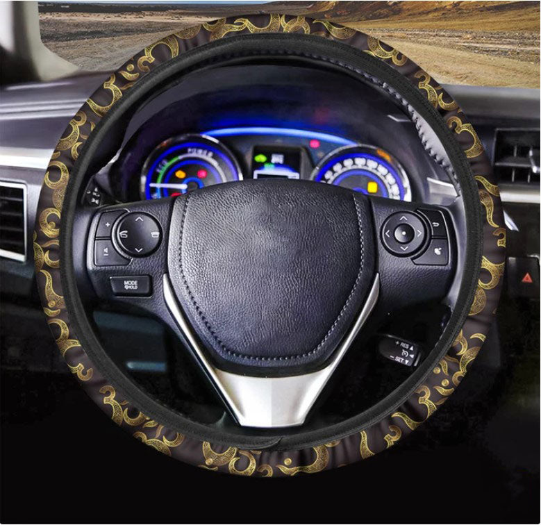 Gold Om Symbol Pattern Print Car Steering Wheel Cover