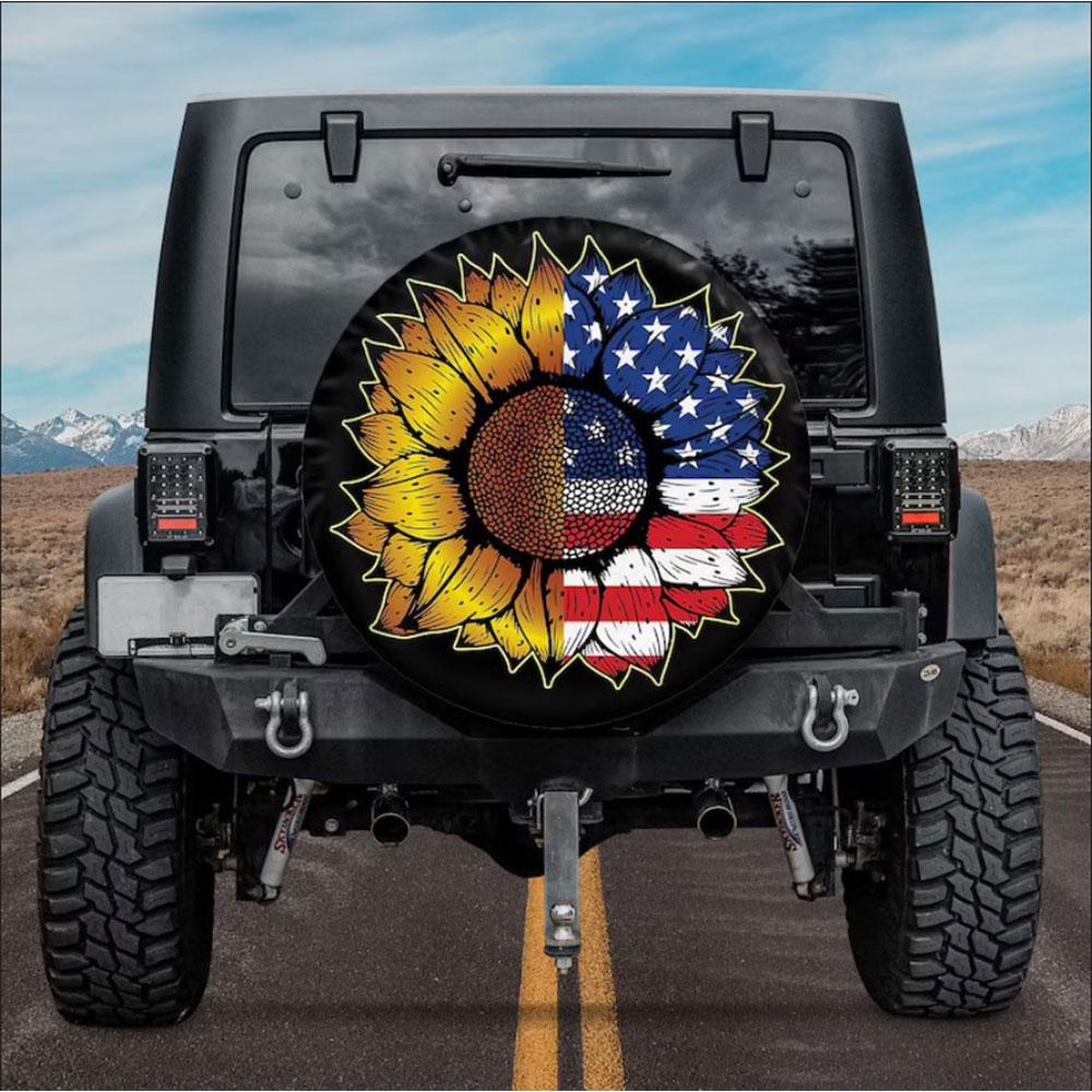 Sunflower American Flag Holiday Car Spare Tire Cover Gift For Campers