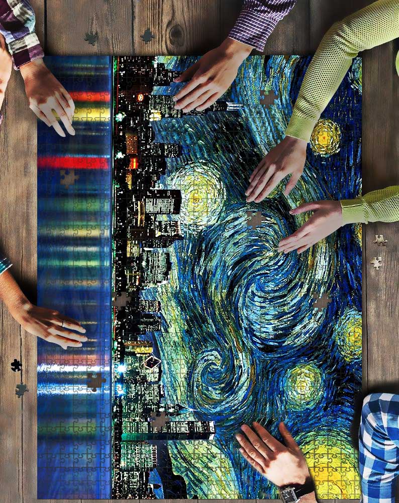 Cityscape And Starry Night Painting Mock Puzzle