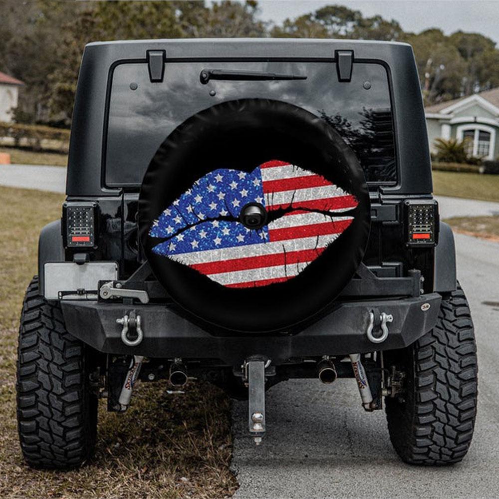 American Flag Kiss Jeep Car Spare Tire Cover Gift For Campers