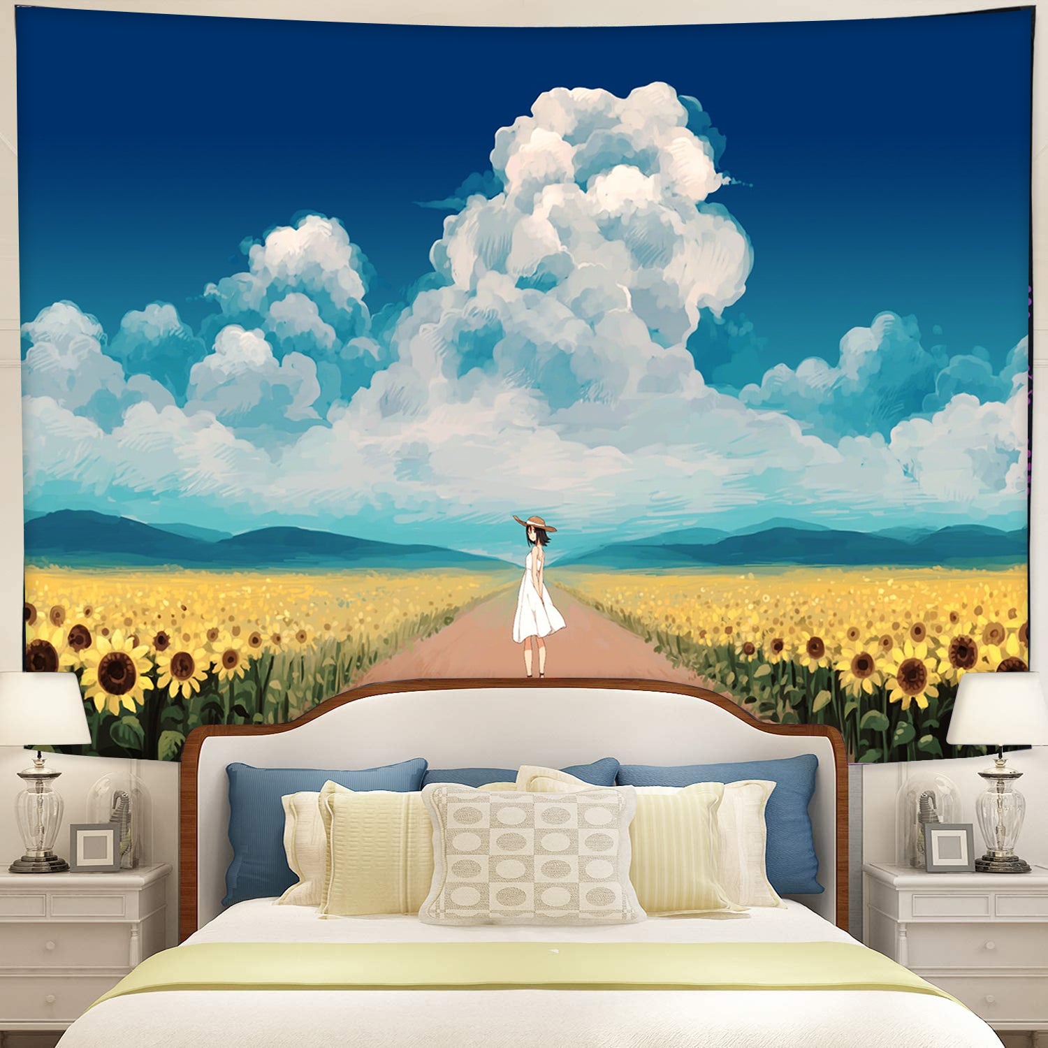 Anime Girl With Sunflower Tapestry Room Decor