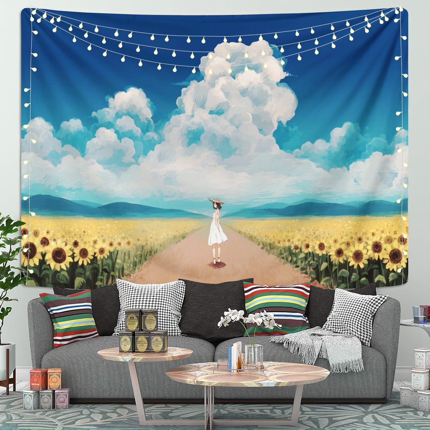 Anime Girl With Sunflower Tapestry Room Decor