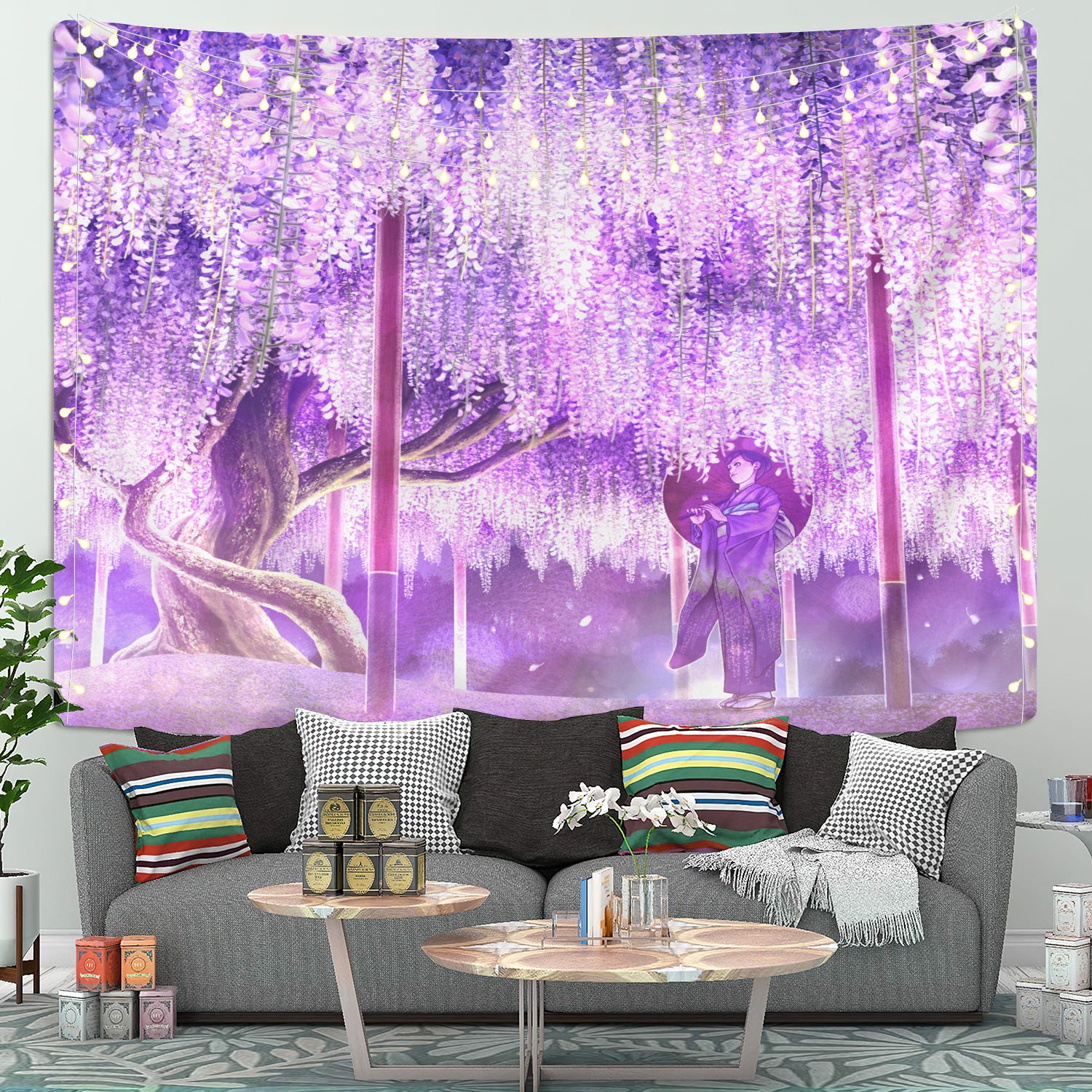 Anime Girl under blossom tree Tapestry Room Decor