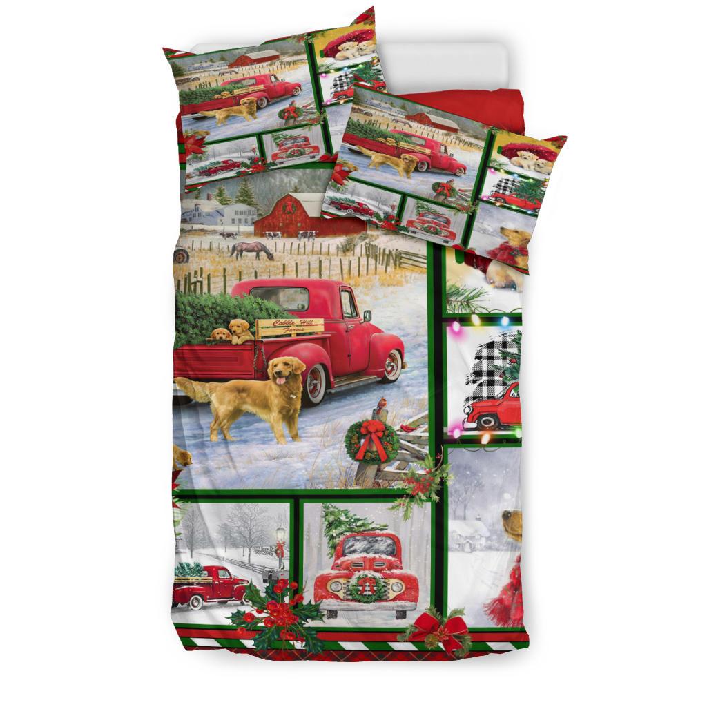 Golden Retriever Red Truck Christmas Quilt Bedding Duvet Cover And Pillowcase Set