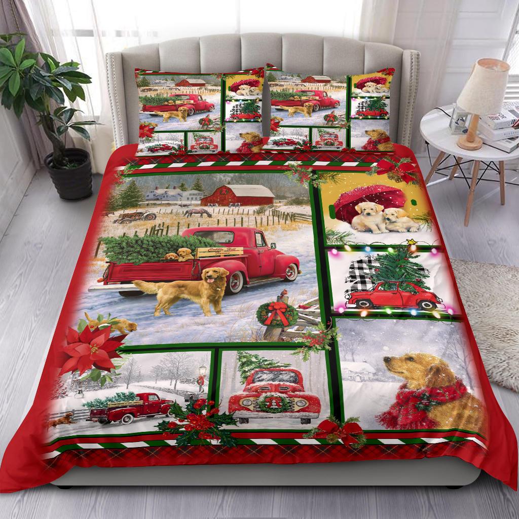 Golden Retriever Red Truck Christmas Quilt Bedding Duvet Cover And Pillowcase Set