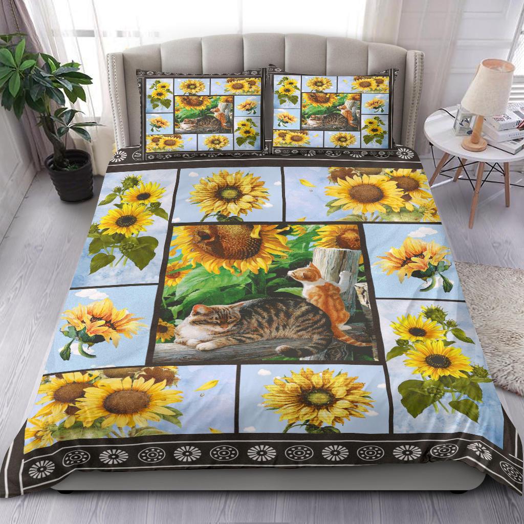 Cat & Sunflower Bedding Duvet Cover And Pillowcase Set