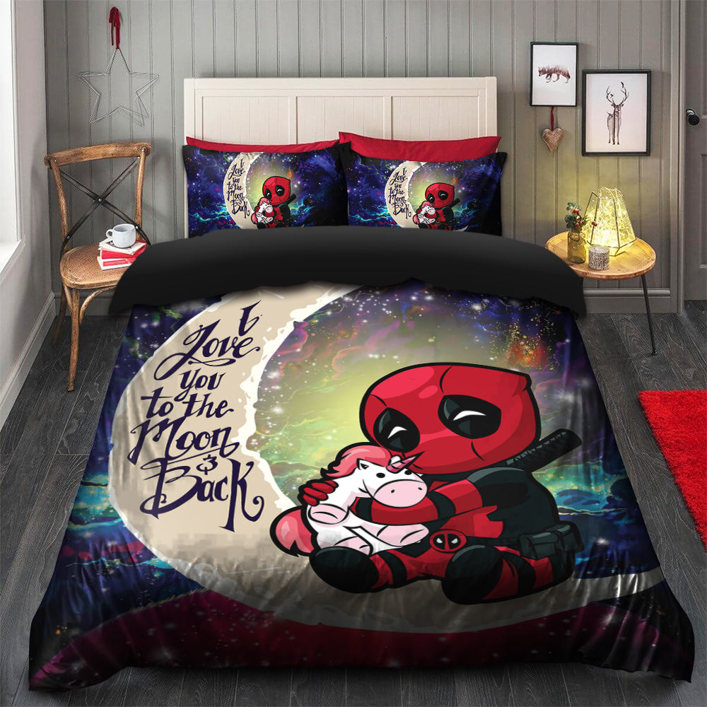 Chibi Deadpool Unicorn Toy Love You To The Moon Galaxy Bedding Set Duvet Cover And 2 Pillowcases