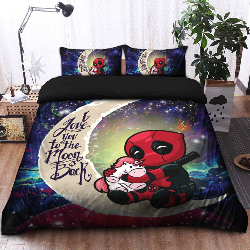 Chibi Deadpool Unicorn Toy Love You To The Moon Galaxy Bedding Set Duvet Cover And 2 Pillowcases