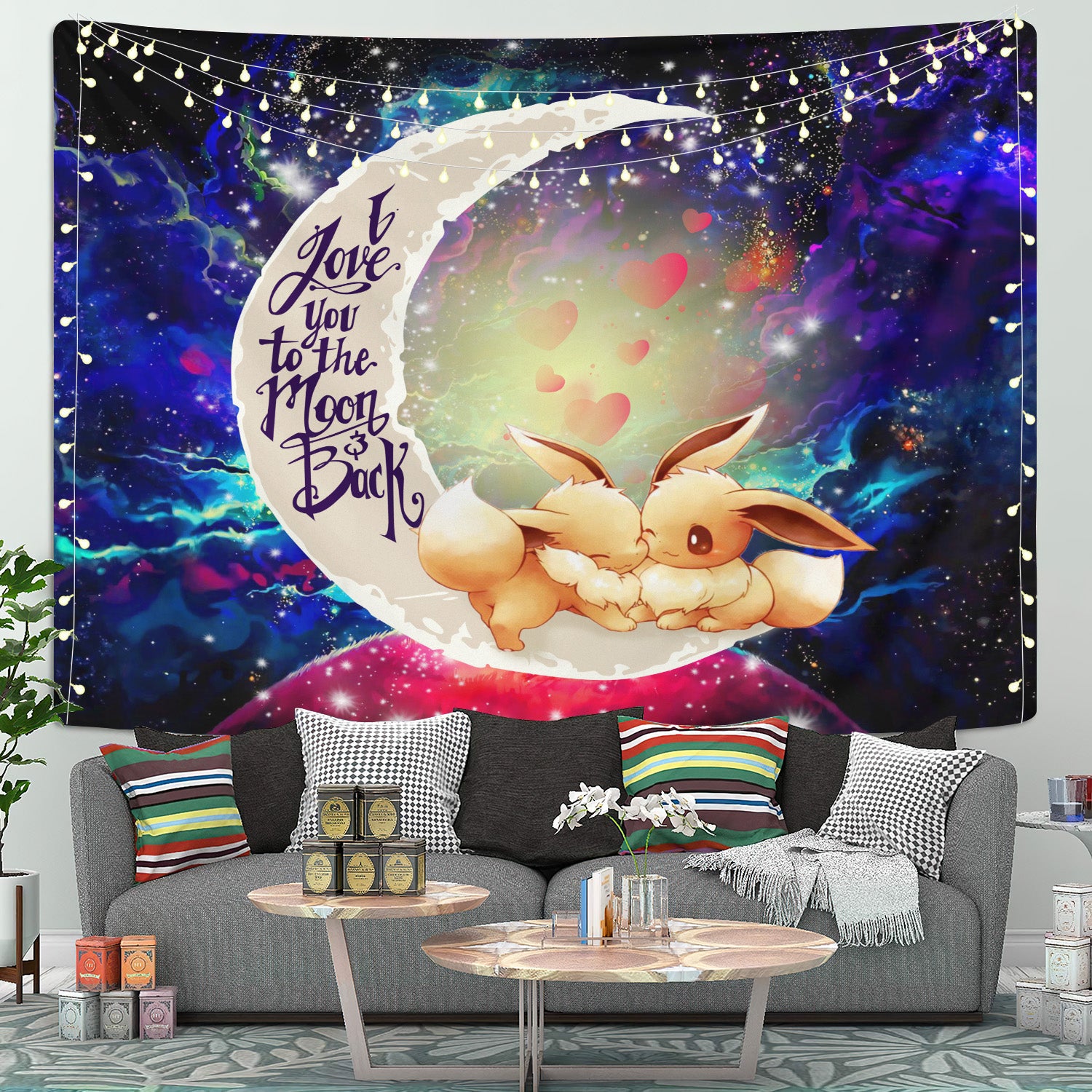 Cute Eevee Pokemon Couple Moon And Back Galaxy Tapestry Room Decor