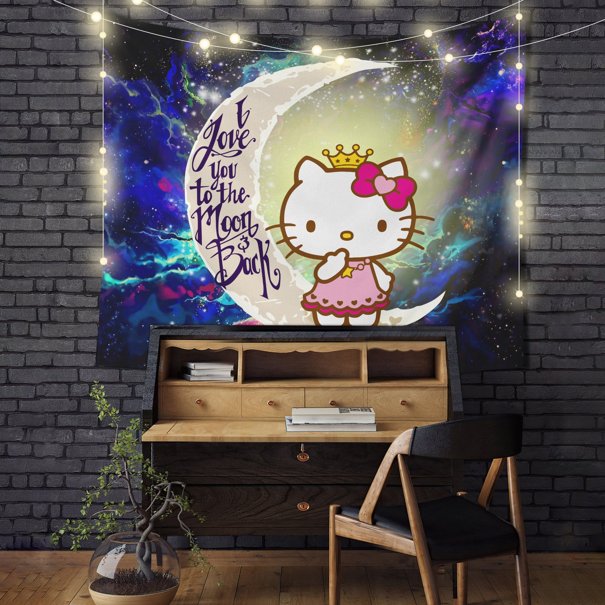 Cute Hello Kitty Moon And Back Galaxy Tapestry Room Decor