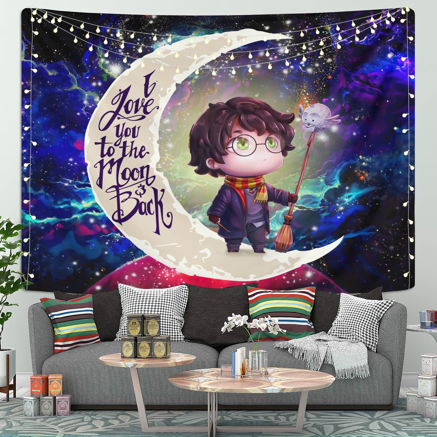 Harry Potter Chibi Love You To The Moon Galaxy Tapestry Room Decor