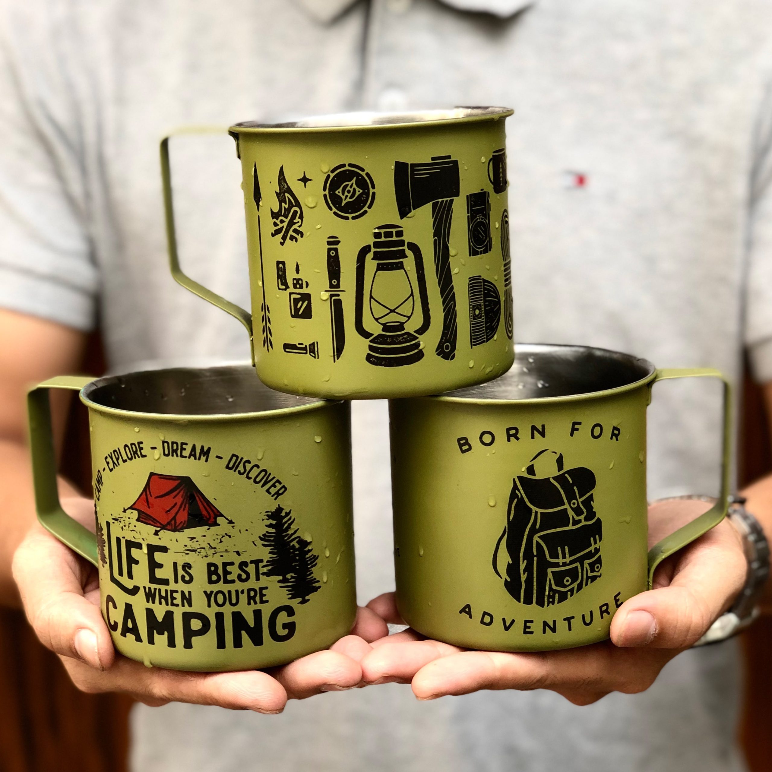 Set 3 Green Best Camping Campfire Travel Mugs 2022