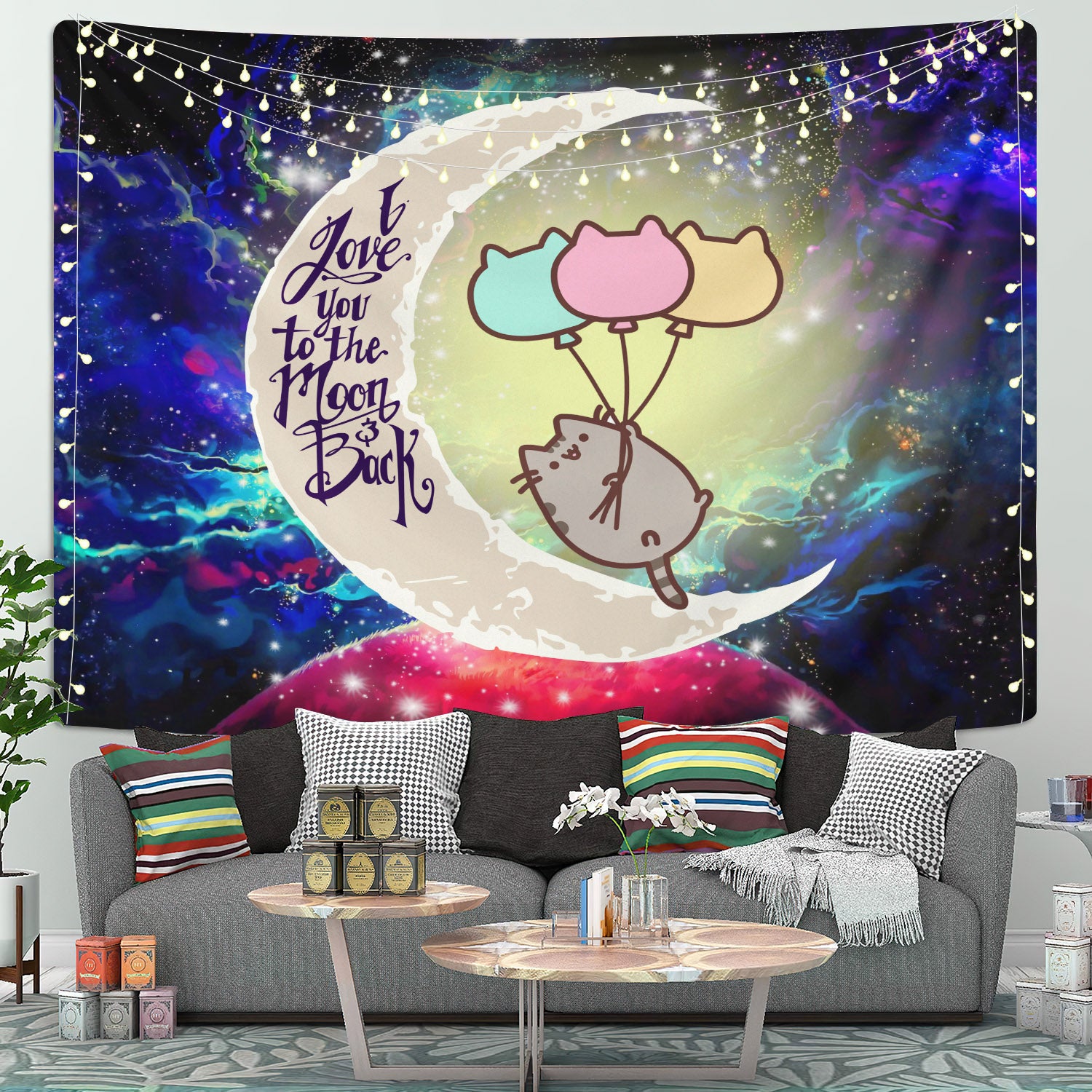 Pusheen Cat Moon And Back Galaxy Tapestry Room Decor