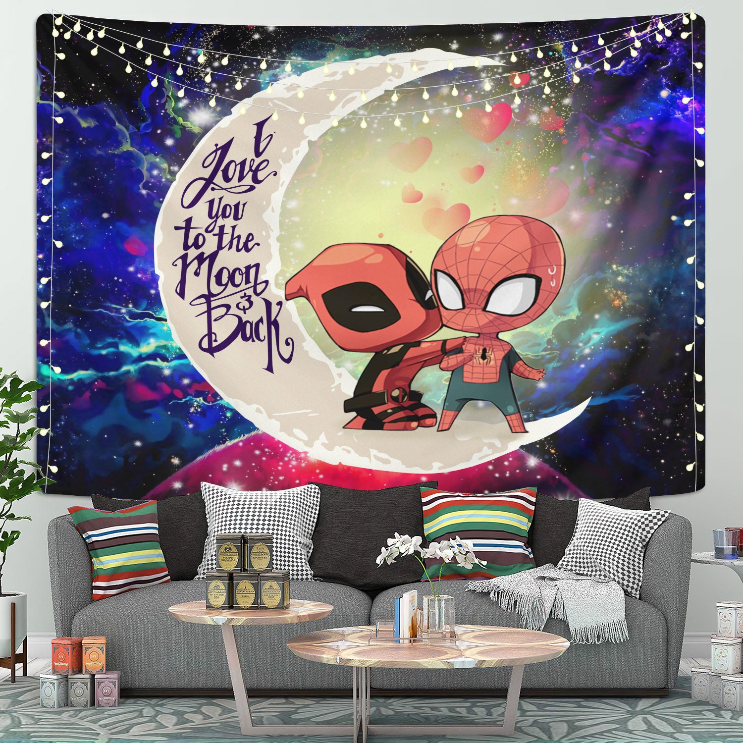 Spiderman And Deadpool Couple Moon And Back Galaxy Tapestry Room Decor