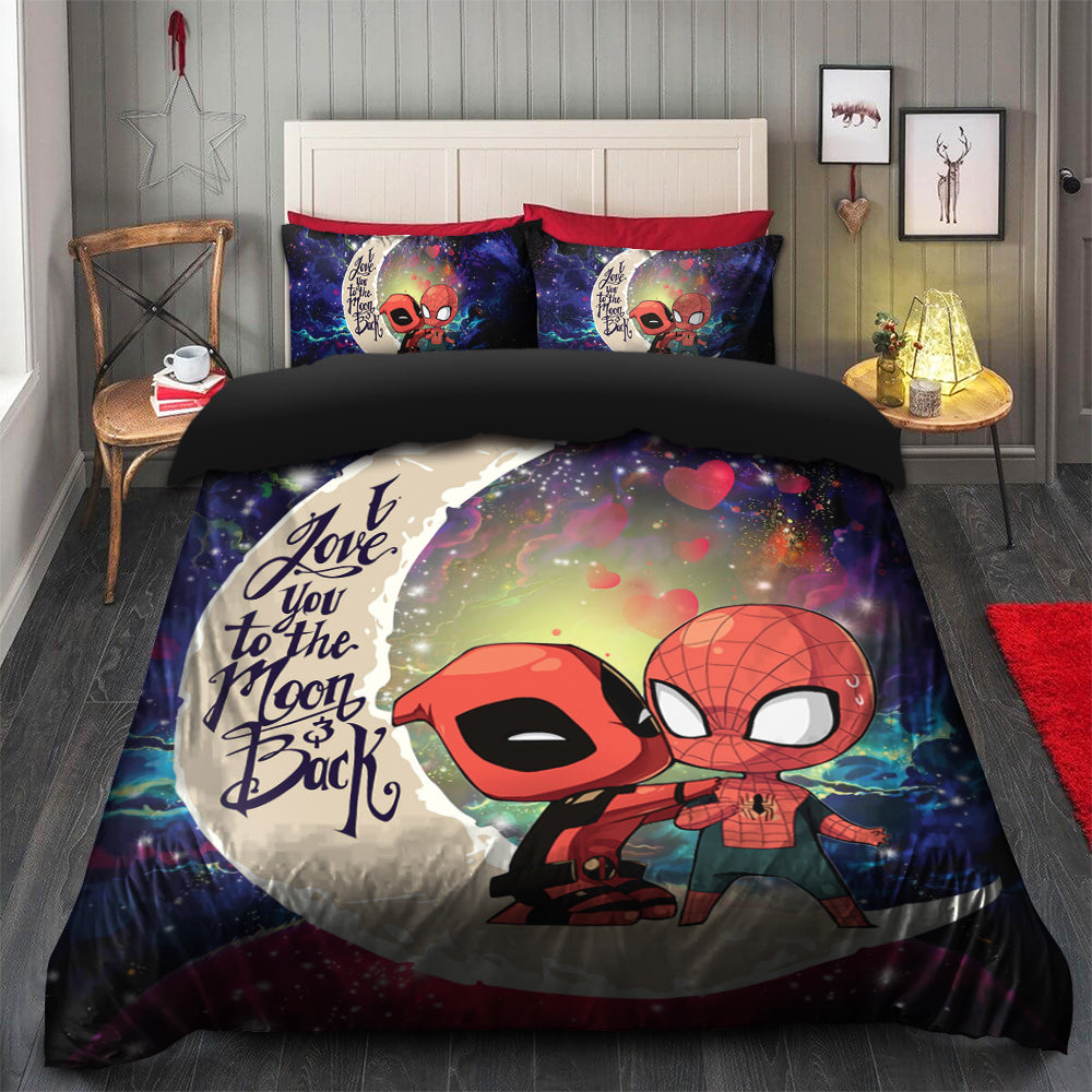 Spiderman And Deadpool Couple Love You To The Moon Galaxy Bedding Set Duvet Cover And 2 Pillowcases