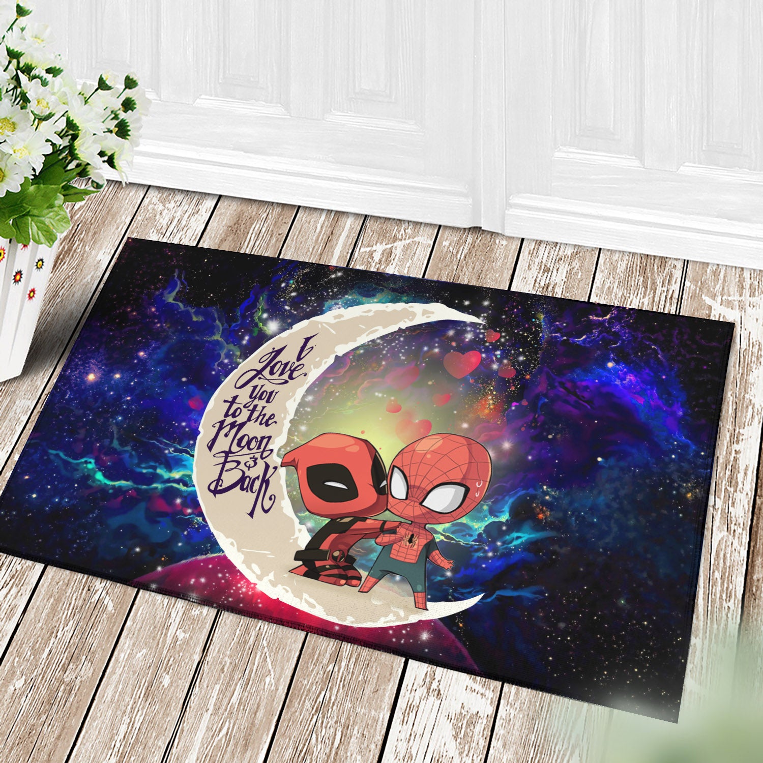 Spiderman And Deadpool Couple Love You To The Moon Galaxy Back Door Mats Home Decor