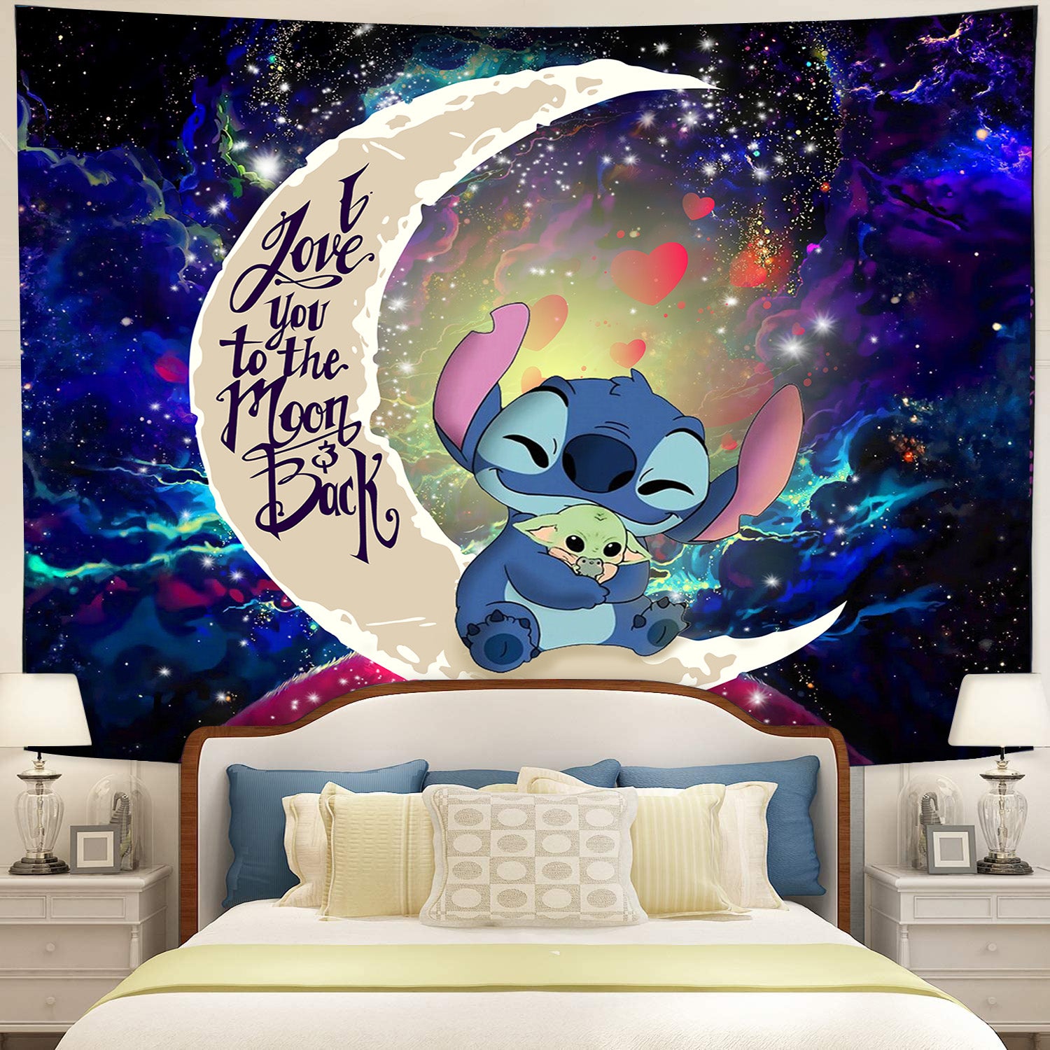Stitch Hold Baby Yoda Moon And Back Galaxy Tapestry Room Decor