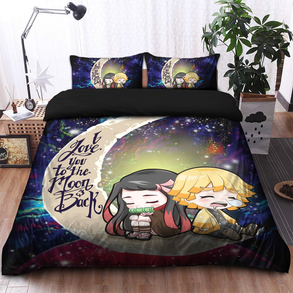 Zenitsu And Nezuko Chibi Demon Slayer Love You To The Moon Galaxy Bedding Set Duvet Cover And 2 Pillowcases