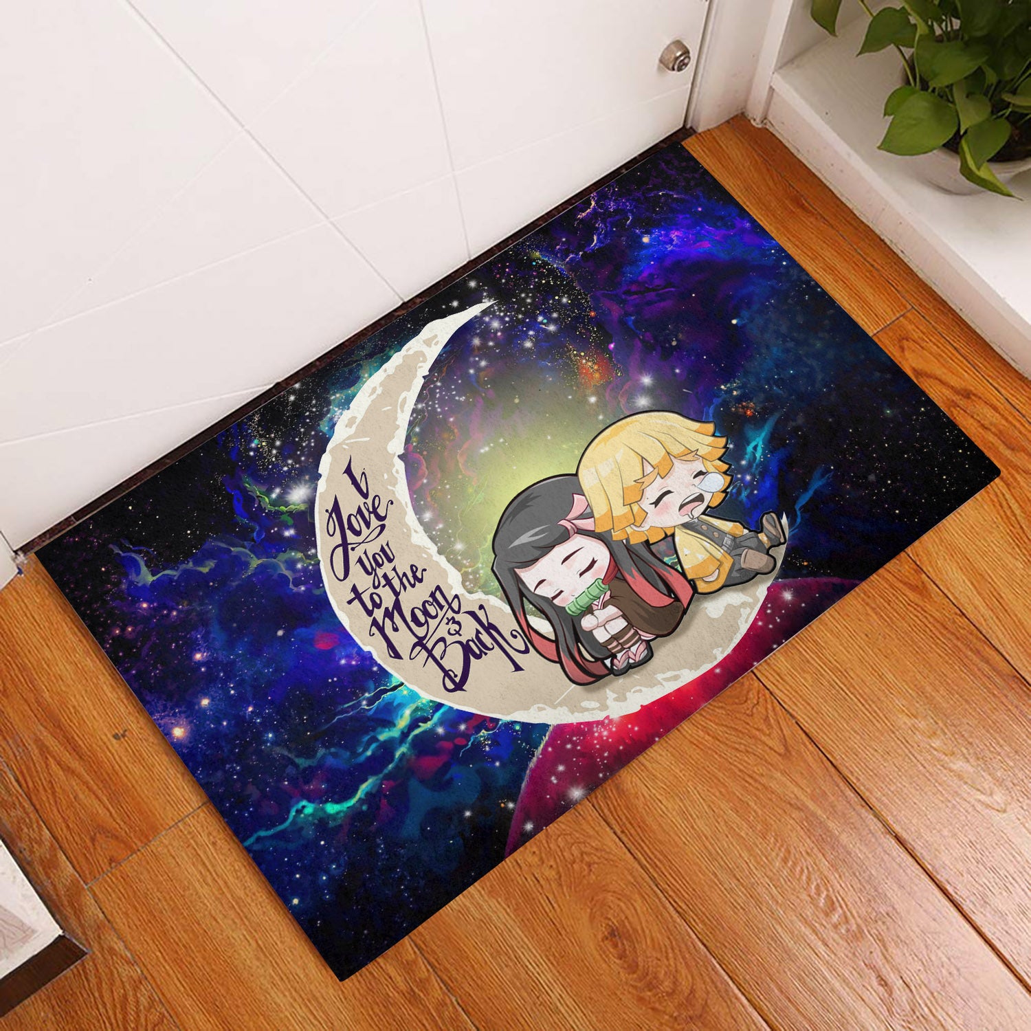 Zenitsu And Nezuko Chibi Demon Slayer Love You To The Moon Galaxy Back Door Mats Home Decor