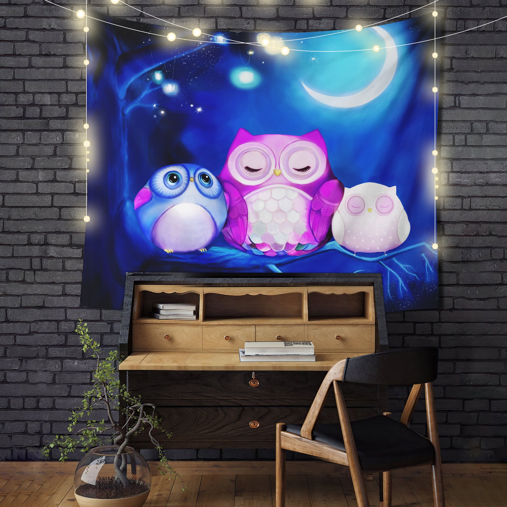 Cute Owl Night Tapestry Room Decor