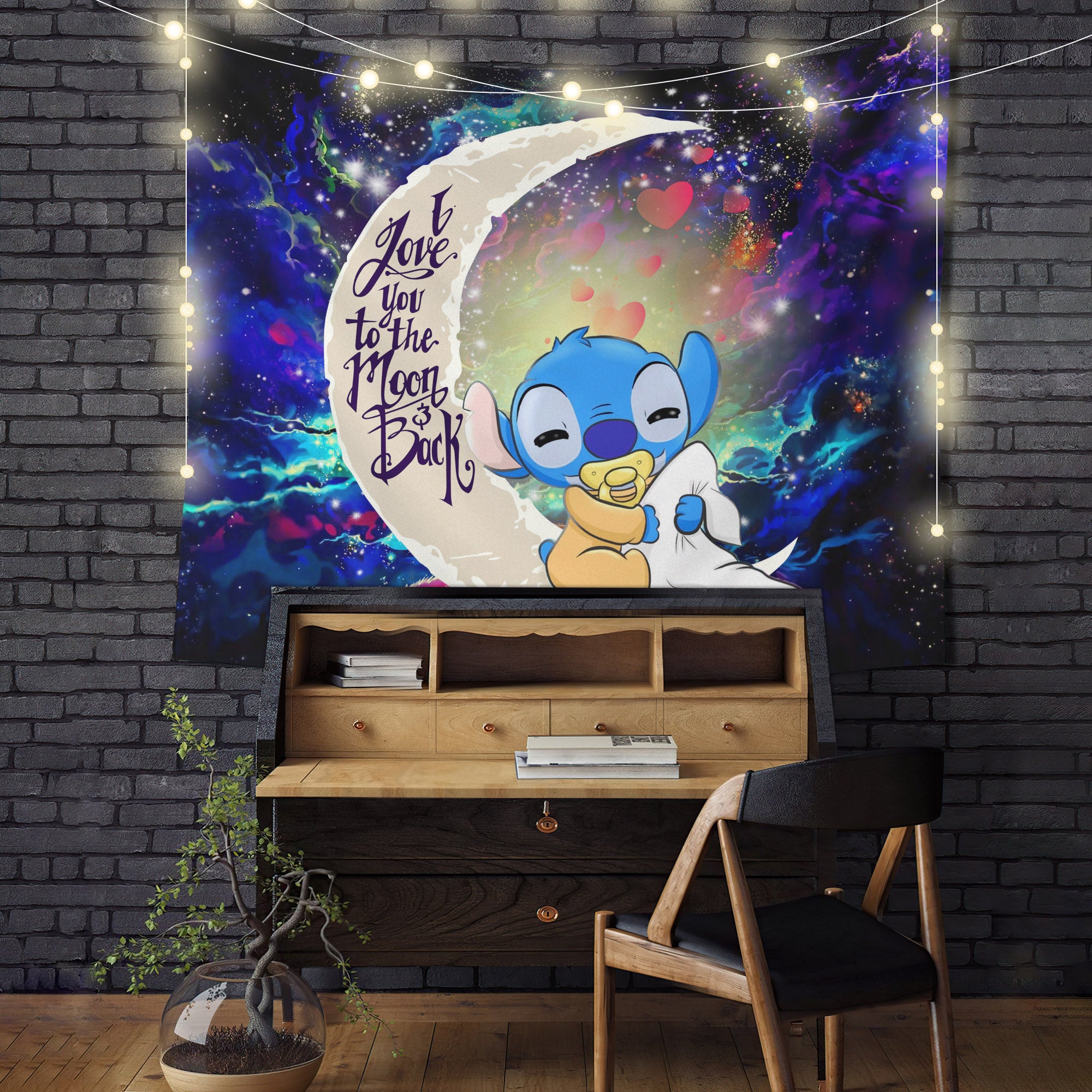 Cute Baby Stitch Sleep Moon And Back Galaxy Tapestry Room Decor