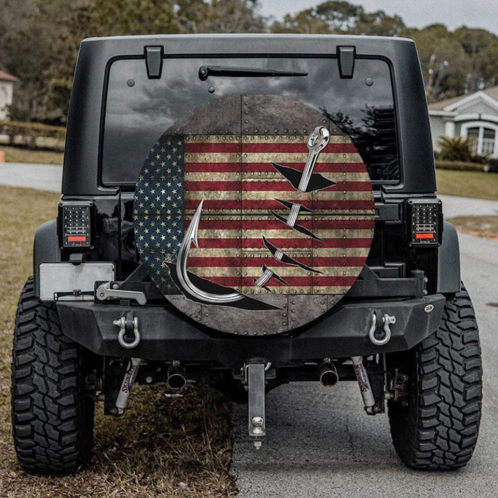 Fishing Hook, American Flag Car Spare Tire Cover Gift For Campers