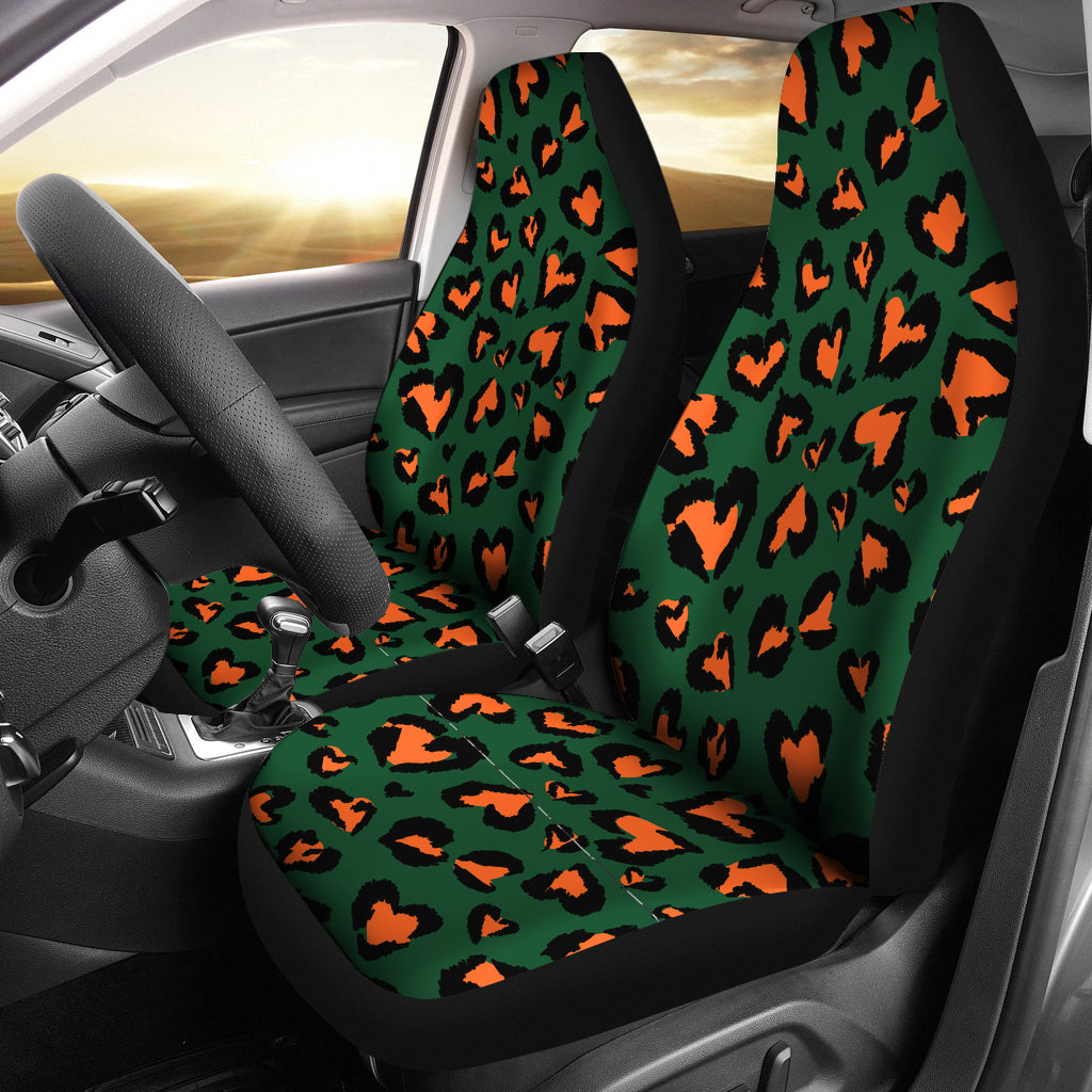 Dark Green Heart Cheetah Print Car Seat Covers