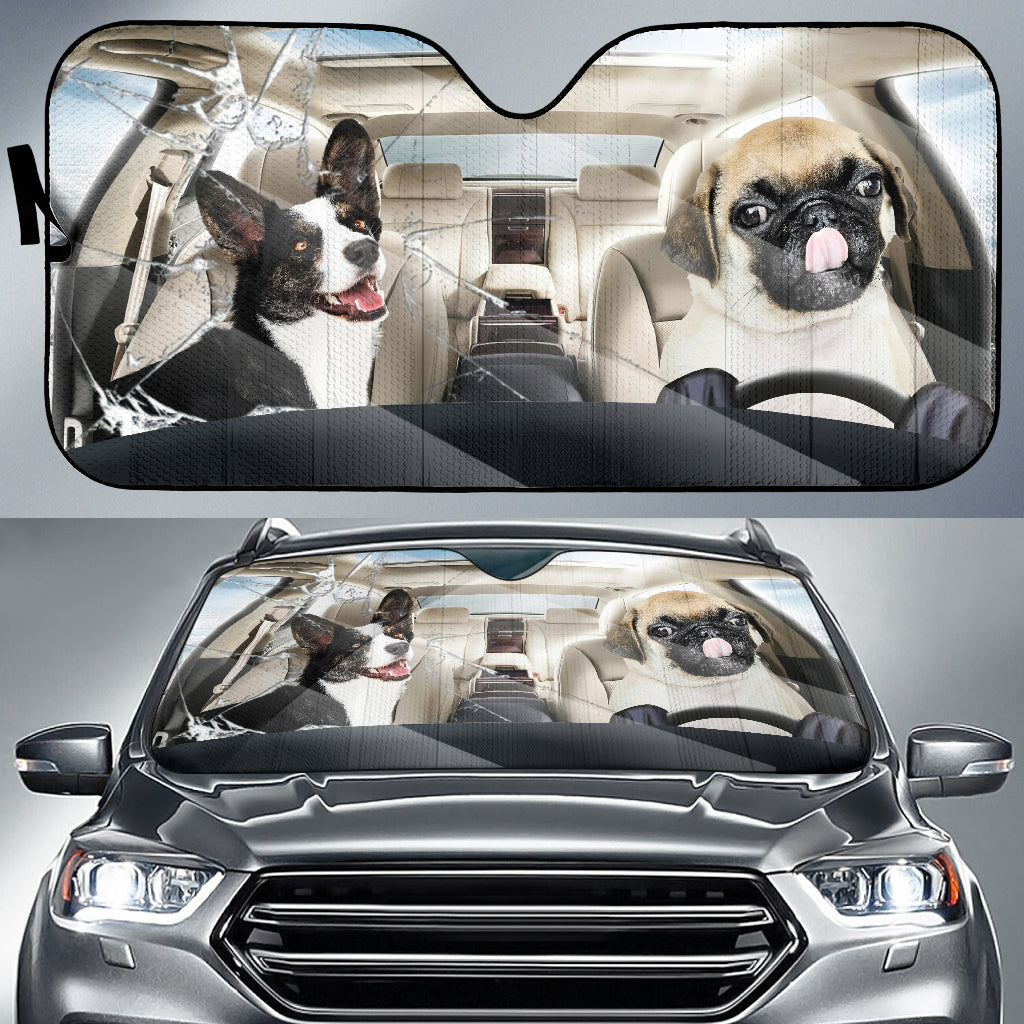 Border Collie Dog And Pug Dog Car Auto Sunshade 2