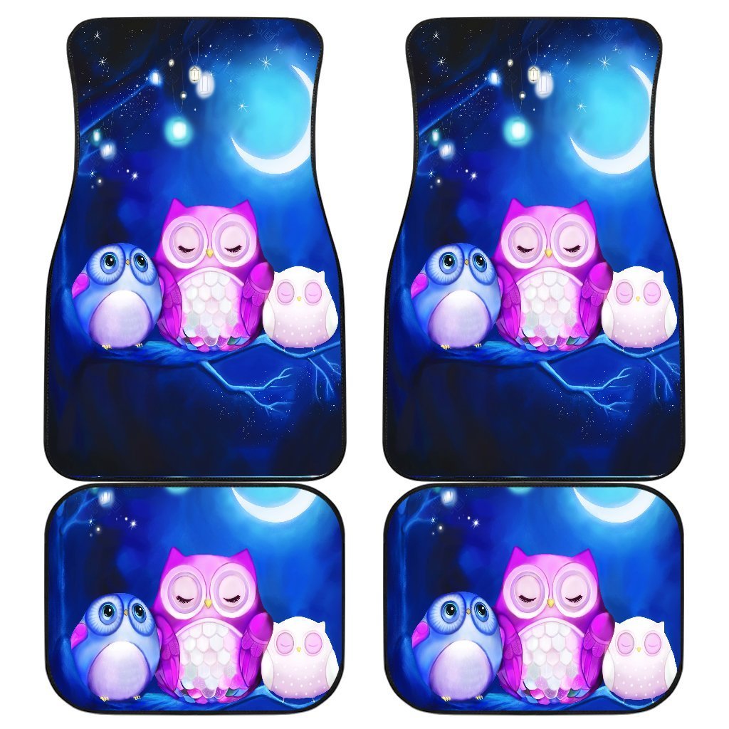 Owl Chibi Cuties Family In Night Under Moon Light Car Floor Mats