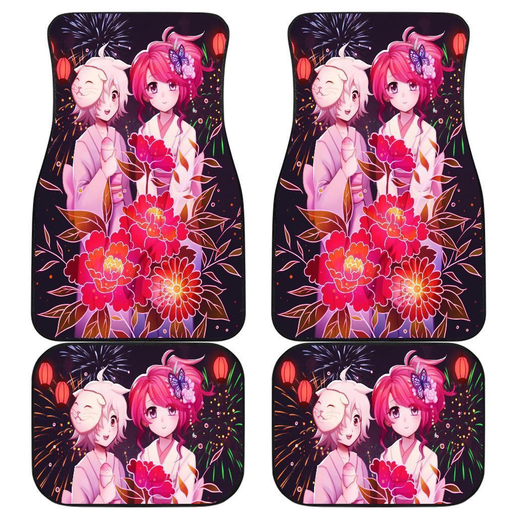 Kimono Girl Japanese Anime Flower In Black Theme Car Floor Mats