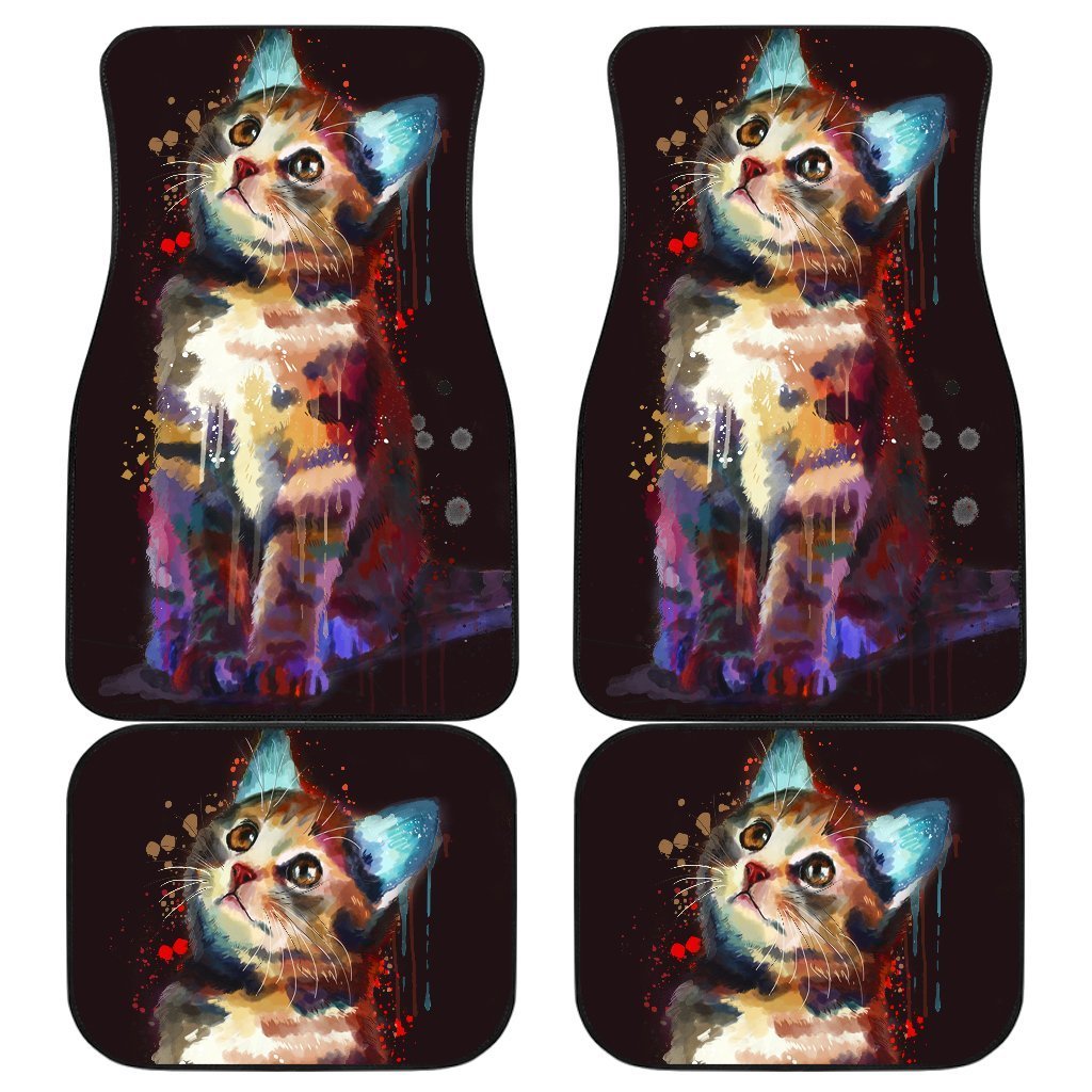 Cute Cat Art In Black Theme Car Floor Mats