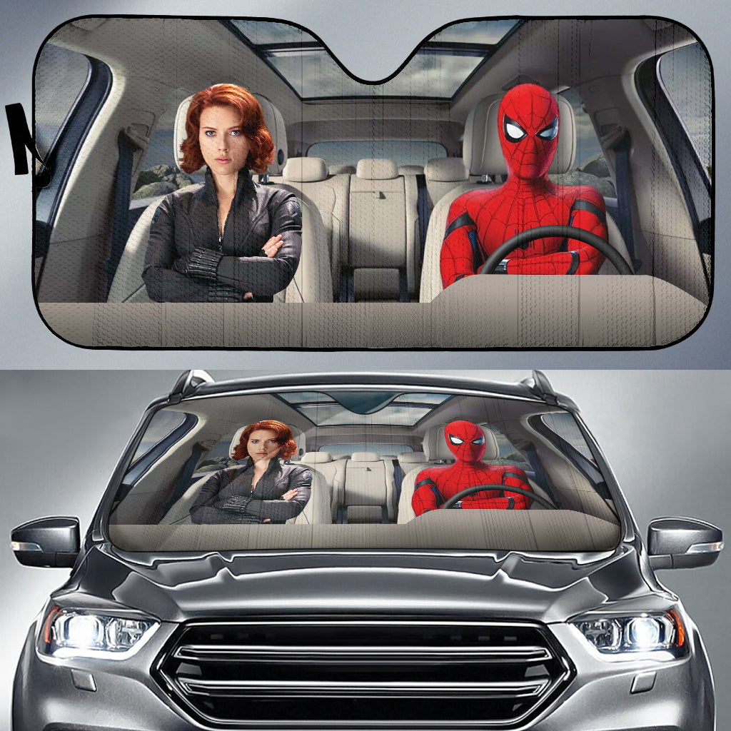 Spiderman And Black Widow Driving Auto Sun Shade