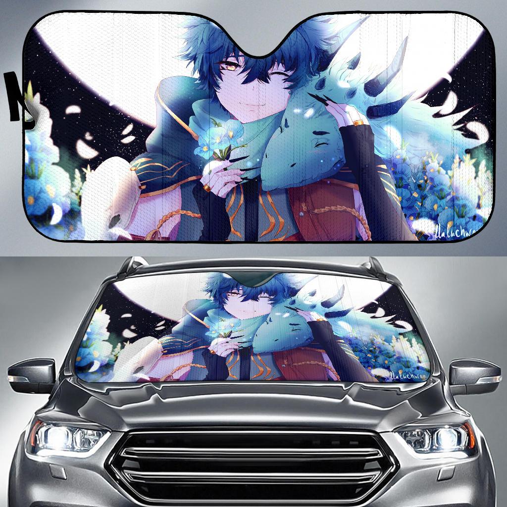 Anime Boy Dragon Blue Flowers 4K Car Sun Shade Gift Ideas 2022