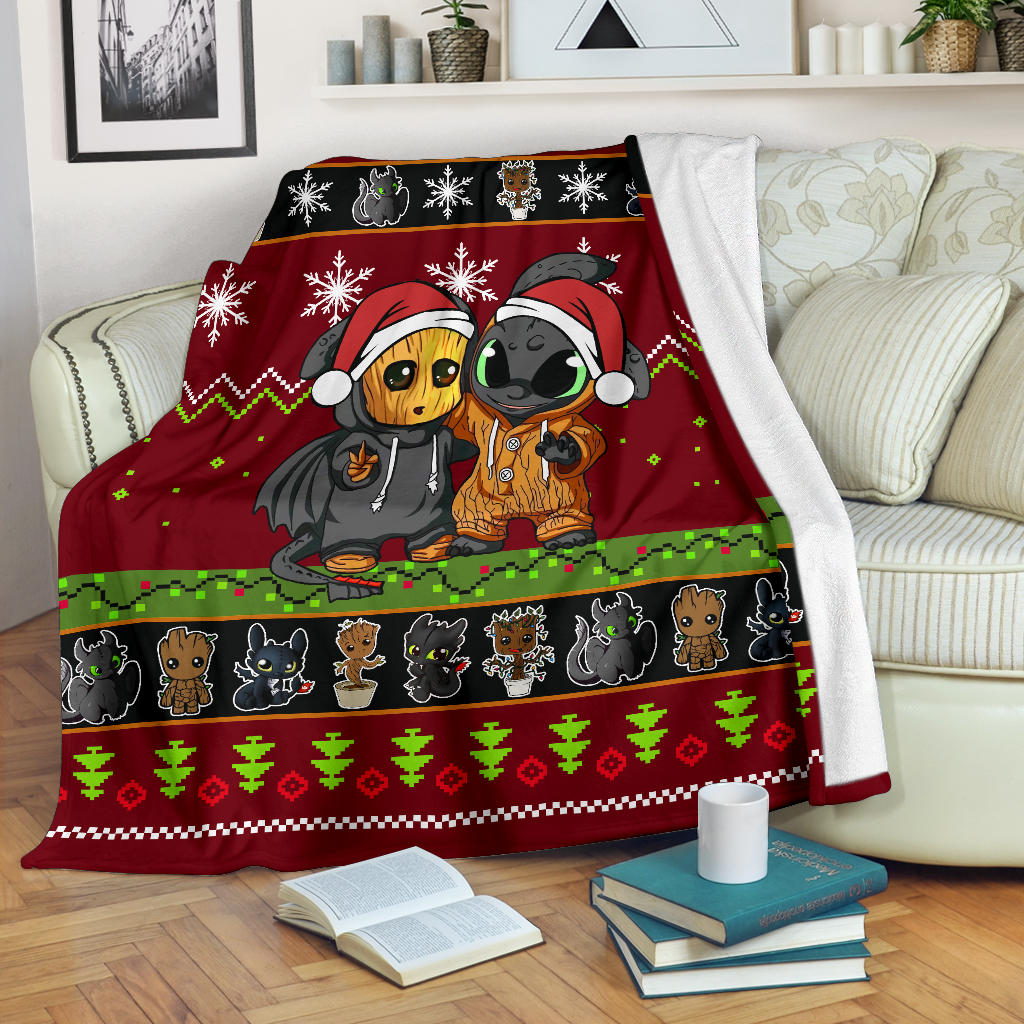 Baby Groot Toothless Christmas Blanket Amazing Gift Idea